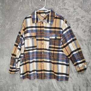 BiBi Women's Medium Plaid Button Down Shirt Shacket Jacket Tan Blue White